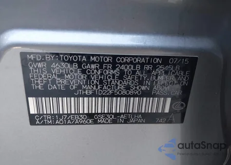 2015 Lexus Is 250 from USA, damaged, VIN JTHBF1D22F5080890